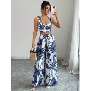 Elenzga Conjunto de 2 piezas: Top corto con tirantes estampado en azul y blanco al estilo bohemio con pantalón recto de cintura anudada, conjunto para vacaciones