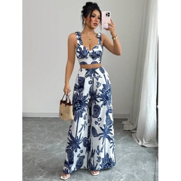 Elenzga Conjunto de 2 piezas: Top corto con tirantes estampado en azul y blanco al estilo bohemio con pantalón recto de cintura anudada, conjunto para vacaciones