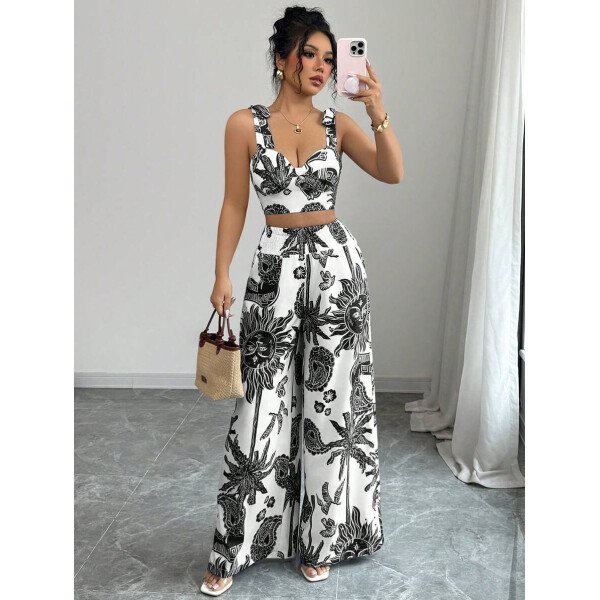 Elenzga Conjunto de 2 piezas: Top corto con tirantes estampado en azul y blanco al estilo bohemio con pantalón recto de cintura anudada, conjunto para vacaciones - Imagen 2