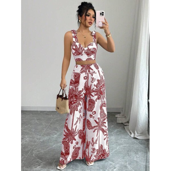 Elenzga Conjunto de 2 piezas: Top corto con tirantes estampado en azul y blanco al estilo bohemio con pantalón recto de cintura anudada, conjunto para vacaciones - Imagen 8