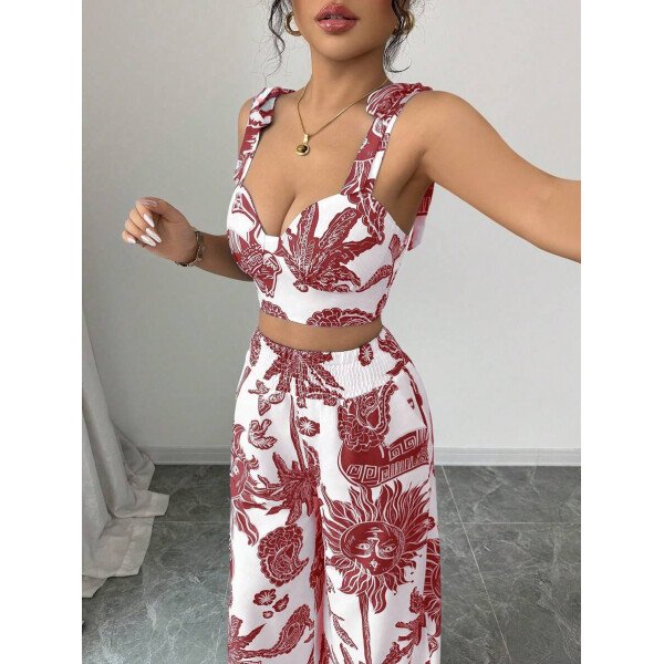 Elenzga Conjunto de 2 piezas: Top corto con tirantes estampado en azul y blanco al estilo bohemio con pantalón recto de cintura anudada, conjunto para vacaciones - Imagen 13
