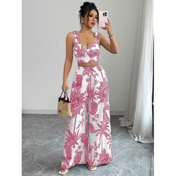Elenzga Conjunto de 2 piezas: Top corto con tirantes estampado en azul y blanco al estilo bohemio con pantalón recto de cintura anudada, conjunto para vacaciones - Imagen 14