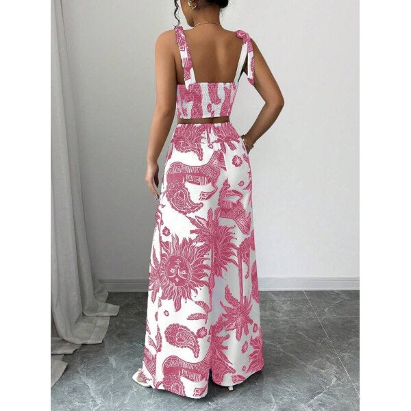 Elenzga Conjunto de 2 piezas: Top corto con tirantes estampado en azul y blanco al estilo bohemio con pantalón recto de cintura anudada, conjunto para vacaciones - Imagen 15