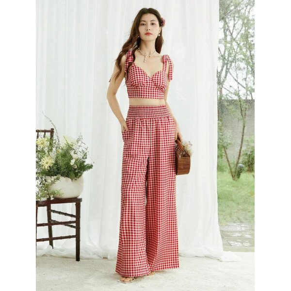 Elenzga Conjunto de 2 piezas: Top corto con tirantes estampado en azul y blanco al estilo bohemio con pantalón recto de cintura anudada, conjunto para vacaciones - Imagen 20