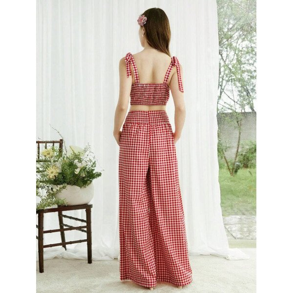 Elenzga Conjunto de 2 piezas: Top corto con tirantes estampado en azul y blanco al estilo bohemio con pantalón recto de cintura anudada, conjunto para vacaciones - Imagen 21