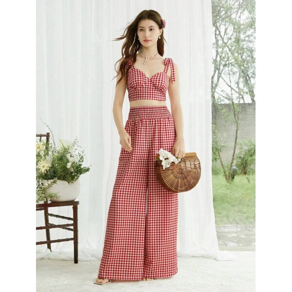 Elenzga Conjunto de 2 piezas: Top corto con tirantes estampado en azul y blanco al estilo bohemio con pantalón recto de cintura anudada, conjunto para vacaciones - Imagen 23
