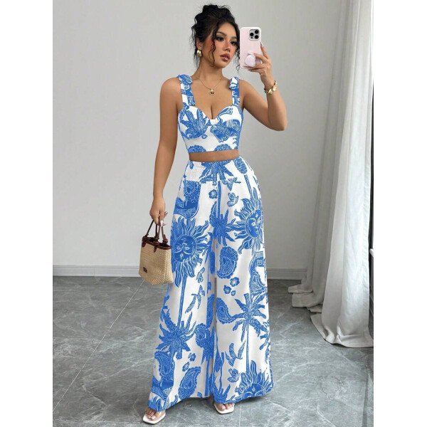 Elenzga Conjunto de 2 piezas: Top corto con tirantes estampado en azul y blanco al estilo bohemio con pantalón recto de cintura anudada, conjunto para vacaciones - Imagen 26