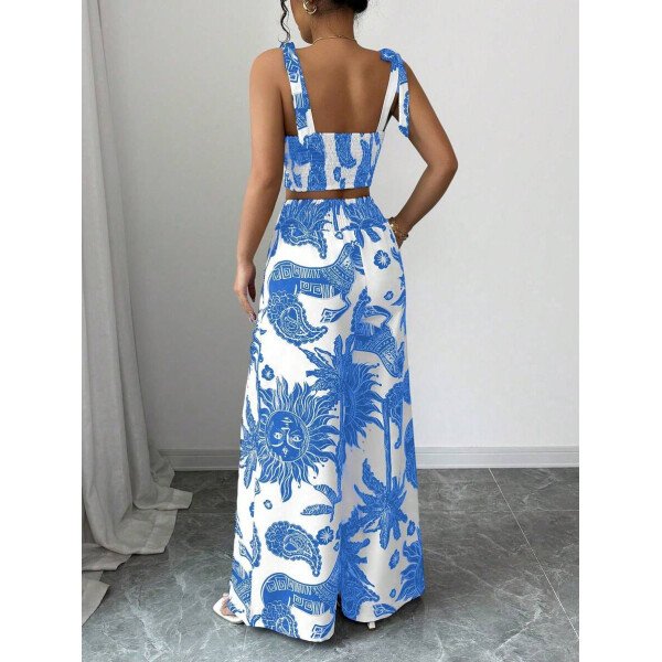 Elenzga Conjunto de 2 piezas: Top corto con tirantes estampado en azul y blanco al estilo bohemio con pantalón recto de cintura anudada, conjunto para vacaciones - Imagen 27