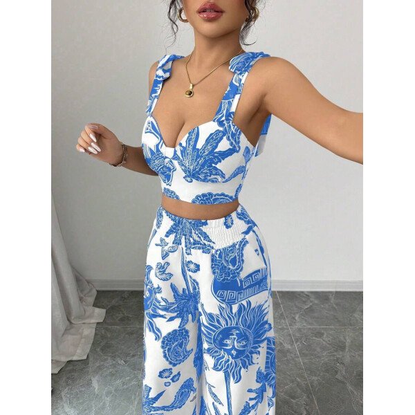 Elenzga Conjunto de 2 piezas: Top corto con tirantes estampado en azul y blanco al estilo bohemio con pantalón recto de cintura anudada, conjunto para vacaciones - Imagen 29