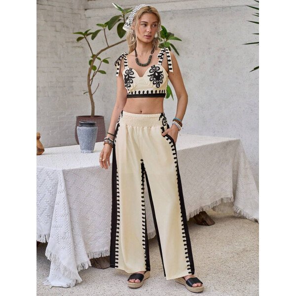Elenzga Conjunto de 2 piezas: Top corto con tirantes estampado en azul y blanco al estilo bohemio con pantalón recto de cintura anudada, conjunto para vacaciones - Imagen 32