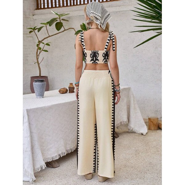 Elenzga Conjunto de 2 piezas: Top corto con tirantes estampado en azul y blanco al estilo bohemio con pantalón recto de cintura anudada, conjunto para vacaciones - Imagen 33