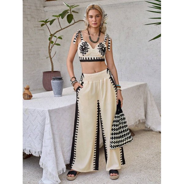 Elenzga Conjunto de 2 piezas: Top corto con tirantes estampado en azul y blanco al estilo bohemio con pantalón recto de cintura anudada, conjunto para vacaciones - Imagen 34