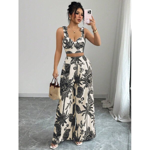 Elenzga Conjunto de 2 piezas: Top corto con tirantes estampado en azul y blanco al estilo bohemio con pantalón recto de cintura anudada, conjunto para vacaciones - Imagen 36