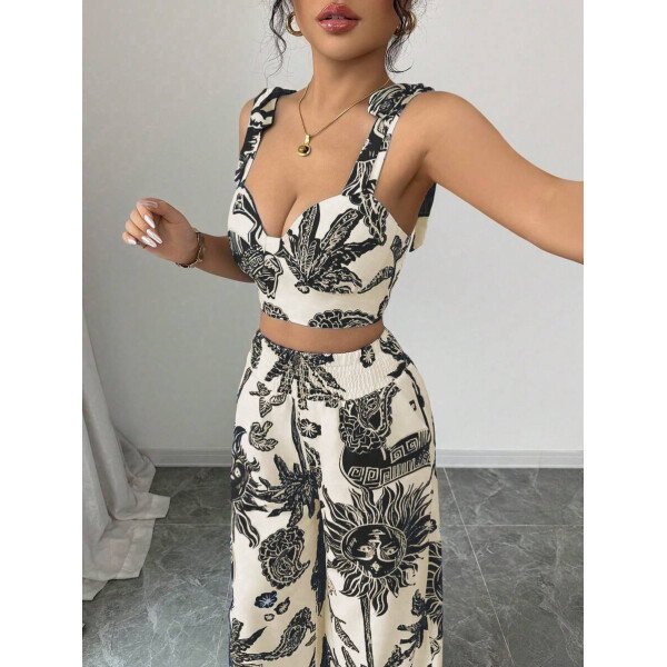 Elenzga Conjunto de 2 piezas: Top corto con tirantes estampado en azul y blanco al estilo bohemio con pantalón recto de cintura anudada, conjunto para vacaciones - Imagen 41