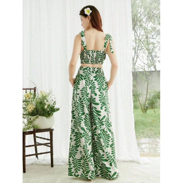 Elenzga Conjunto de 2 piezas: Top corto con tirantes estampado en azul y blanco al estilo bohemio con pantalón recto de cintura anudada, conjunto para vacaciones - Imagen 43