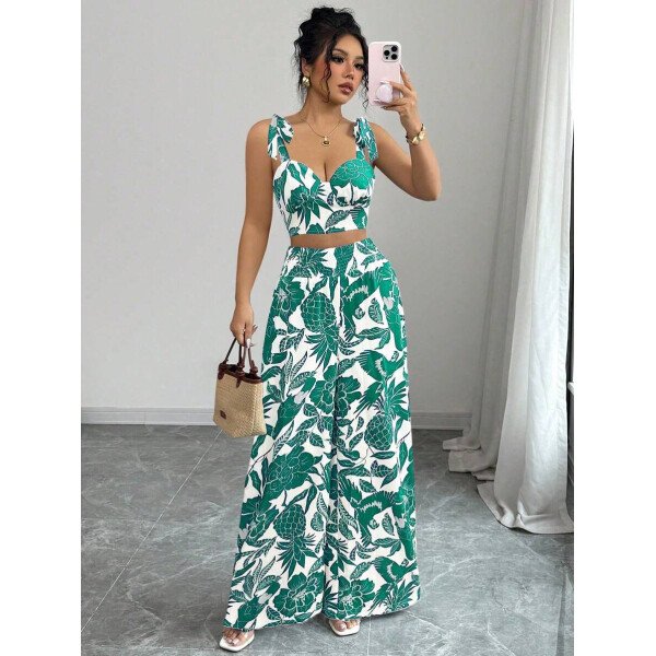 Elenzga Conjunto de 2 piezas: Top corto con tirantes estampado en azul y blanco al estilo bohemio con pantalón recto de cintura anudada, conjunto para vacaciones - Imagen 47