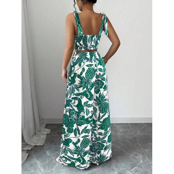 Elenzga Conjunto de 2 piezas: Top corto con tirantes estampado en azul y blanco al estilo bohemio con pantalón recto de cintura anudada, conjunto para vacaciones - Imagen 48