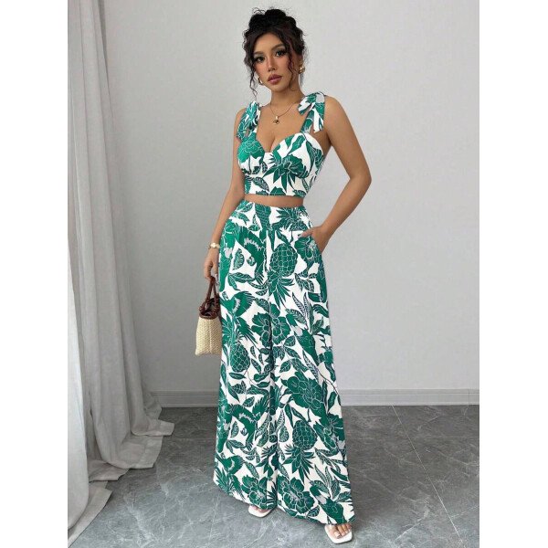 Elenzga Conjunto de 2 piezas: Top corto con tirantes estampado en azul y blanco al estilo bohemio con pantalón recto de cintura anudada, conjunto para vacaciones - Imagen 49