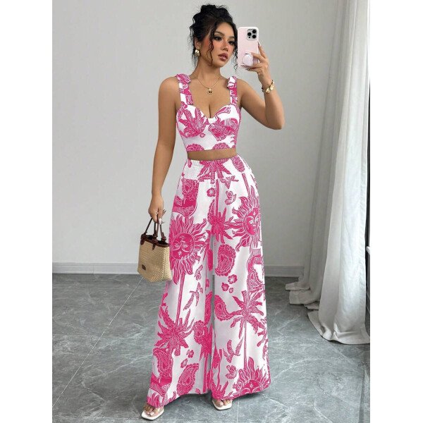 Elenzga Conjunto de 2 piezas: Top corto con tirantes estampado en azul y blanco al estilo bohemio con pantalón recto de cintura anudada, conjunto para vacaciones - Imagen 53