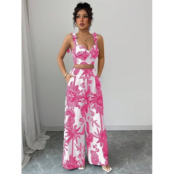 Elenzga Conjunto de 2 piezas: Top corto con tirantes estampado en azul y blanco al estilo bohemio con pantalón recto de cintura anudada, conjunto para vacaciones - Imagen 55
