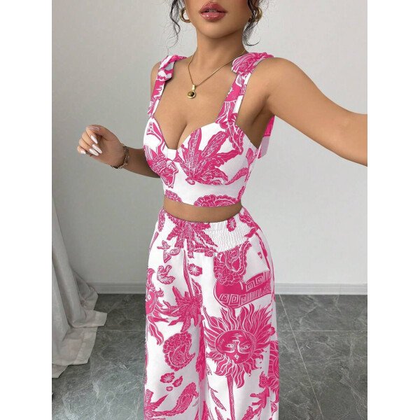 Elenzga Conjunto de 2 piezas: Top corto con tirantes estampado en azul y blanco al estilo bohemio con pantalón recto de cintura anudada, conjunto para vacaciones - Imagen 57