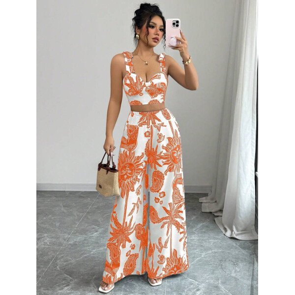 Elenzga Conjunto de 2 piezas: Top corto con tirantes estampado en azul y blanco al estilo bohemio con pantalón recto de cintura anudada, conjunto para vacaciones - Imagen 59