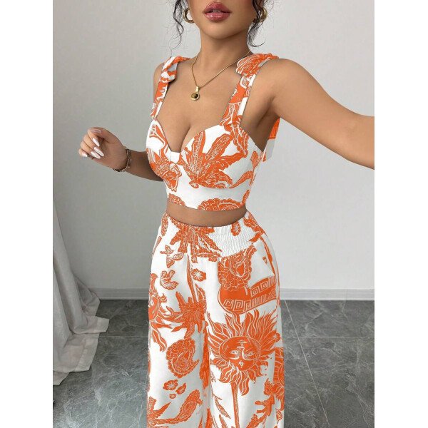 Elenzga Conjunto de 2 piezas: Top corto con tirantes estampado en azul y blanco al estilo bohemio con pantalón recto de cintura anudada, conjunto para vacaciones - Imagen 61