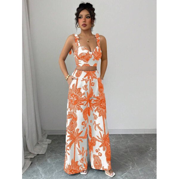 Elenzga Conjunto de 2 piezas: Top corto con tirantes estampado en azul y blanco al estilo bohemio con pantalón recto de cintura anudada, conjunto para vacaciones - Imagen 63