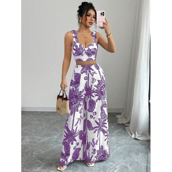 Elenzga Conjunto de 2 piezas: Top corto con tirantes estampado en azul y blanco al estilo bohemio con pantalón recto de cintura anudada, conjunto para vacaciones - Imagen 65