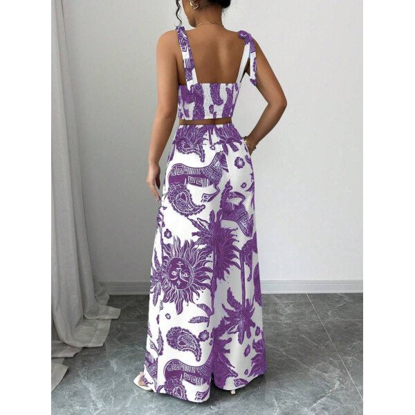 Elenzga Conjunto de 2 piezas: Top corto con tirantes estampado en azul y blanco al estilo bohemio con pantalón recto de cintura anudada, conjunto para vacaciones - Imagen 66