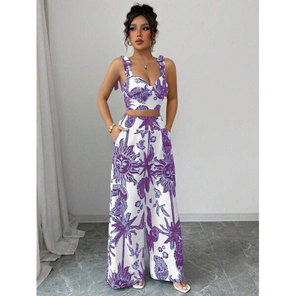 Elenzga Conjunto de 2 piezas: Top corto con tirantes estampado en azul y blanco al estilo bohemio con pantalón recto de cintura anudada, conjunto para vacaciones - Imagen 67