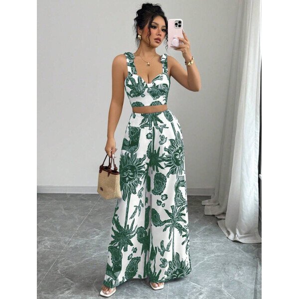 Elenzga Conjunto de 2 piezas: Top corto con tirantes estampado en azul y blanco al estilo bohemio con pantalón recto de cintura anudada, conjunto para vacaciones - Imagen 71