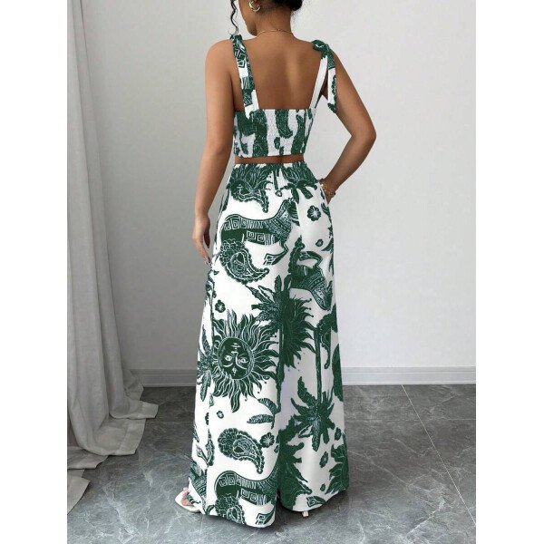Elenzga Conjunto de 2 piezas: Top corto con tirantes estampado en azul y blanco al estilo bohemio con pantalón recto de cintura anudada, conjunto para vacaciones - Imagen 72