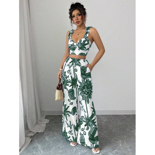 Elenzga Conjunto de 2 piezas: Top corto con tirantes estampado en azul y blanco al estilo bohemio con pantalón recto de cintura anudada, conjunto para vacaciones - Imagen 73