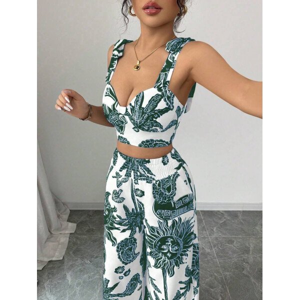 Elenzga Conjunto de 2 piezas: Top corto con tirantes estampado en azul y blanco al estilo bohemio con pantalón recto de cintura anudada, conjunto para vacaciones - Imagen 76