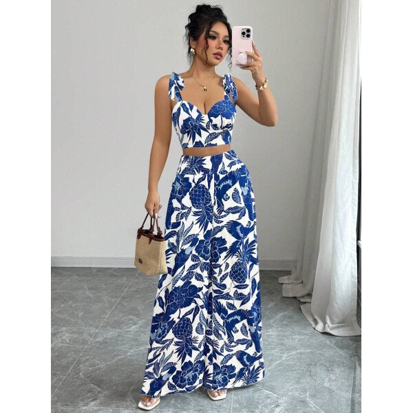 Elenzga Conjunto de 2 piezas: Top corto con tirantes estampado en azul y blanco al estilo bohemio con pantalón recto de cintura anudada, conjunto para vacaciones - Imagen 77