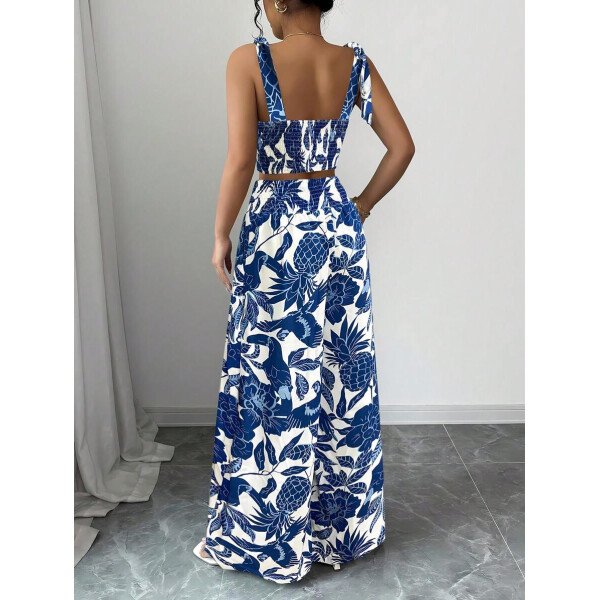 Elenzga Conjunto de 2 piezas: Top corto con tirantes estampado en azul y blanco al estilo bohemio con pantalón recto de cintura anudada, conjunto para vacaciones - Imagen 78