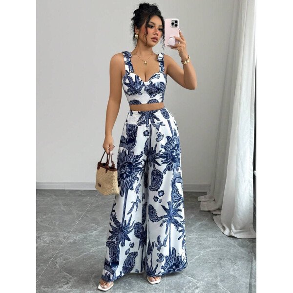 Elenzga Conjunto de 2 piezas: Top corto con tirantes estampado en azul y blanco al estilo bohemio con pantalón recto de cintura anudada, conjunto para vacaciones - Imagen 84