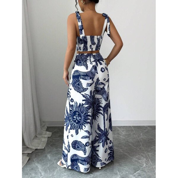 Elenzga Conjunto de 2 piezas: Top corto con tirantes estampado en azul y blanco al estilo bohemio con pantalón recto de cintura anudada, conjunto para vacaciones - Imagen 85