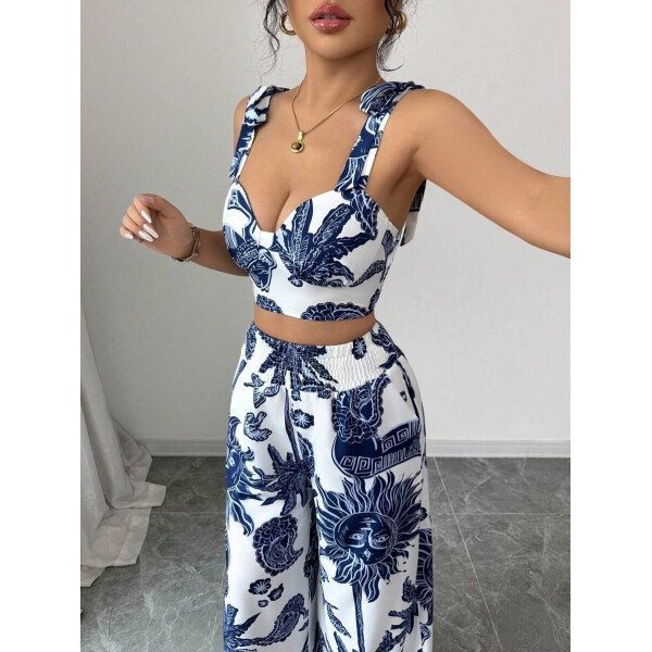 Elenzga Conjunto de 2 piezas: Top corto con tirantes estampado en azul y blanco al estilo bohemio con pantalón recto de cintura anudada, conjunto para vacaciones - Imagen 87