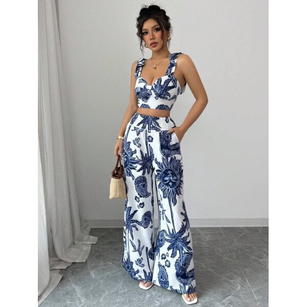 Elenzga Conjunto de 2 piezas: Top corto con tirantes estampado en azul y blanco al estilo bohemio con pantalón recto de cintura anudada, conjunto para vacaciones - Imagen 88