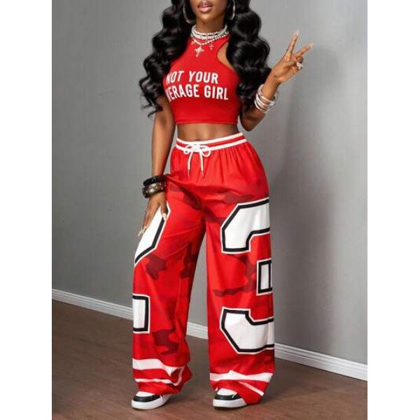 Slaydiva Conjunto de dos piezas para mujer con pantalón ancho y chaleco con estampado de logotipo y números, en color rojo camuflaje y rayas en 2023