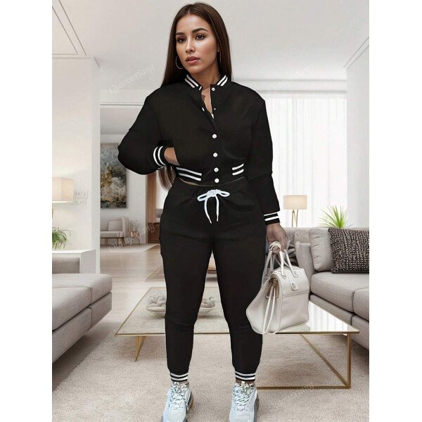 Conjunto de 2 piezas para mujer- Chaqueta deportiva de un solo pecho de unicolor y parte superior - Imagen 2