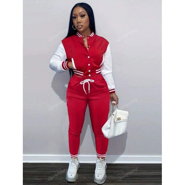 Conjunto de 2 piezas para mujer- Chaqueta deportiva de un solo pecho de unicolor y parte superior - Imagen 15