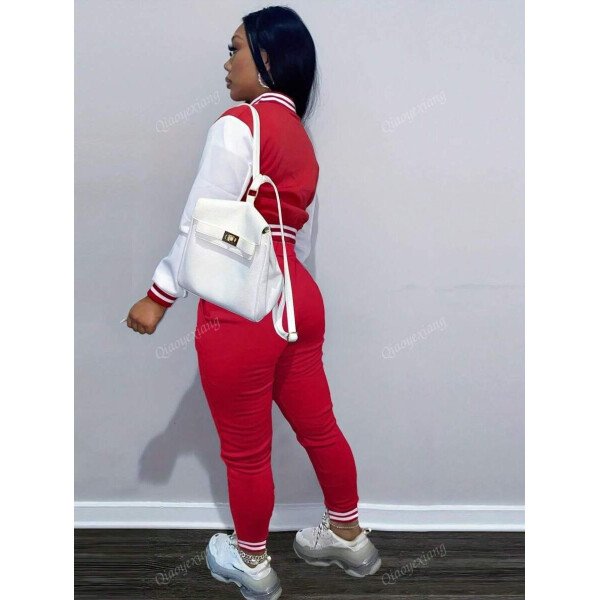 Conjunto de 2 piezas para mujer- Chaqueta deportiva de un solo pecho de unicolor y parte superior - Imagen 16