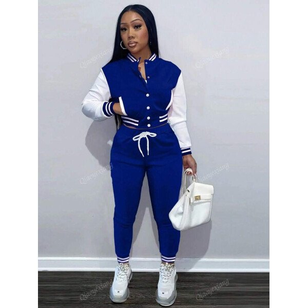 Conjunto de 2 piezas para mujer- Chaqueta deportiva de un solo pecho de unicolor y parte superior - Imagen 25