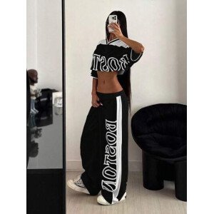 StreetHx Set de 2 piezas de parte superior corta con bloqueo de color estampado + pantalones de chándal para mujer
