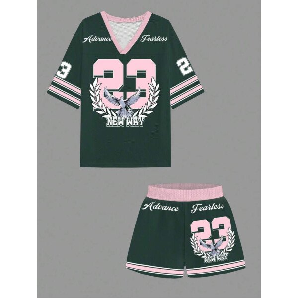 Slaydiva Set de 2 piezas de ropa deportiva de verano para mujer - Camiseta de manga corta con gráfico y letras y conjunto de shorts - Imagen 10
