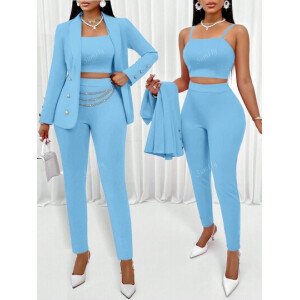 Conjunto de tres piezas para mujer con blazer de cuello chal de frente abierto, camiseta de tirantes y pantalones para un aspecto de oficina
