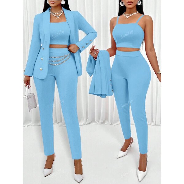 Conjunto de tres piezas para mujer con blazer de cuello chal de frente abierto, camiseta de tirantes y pantalones para un aspecto de oficina - Imagen 2